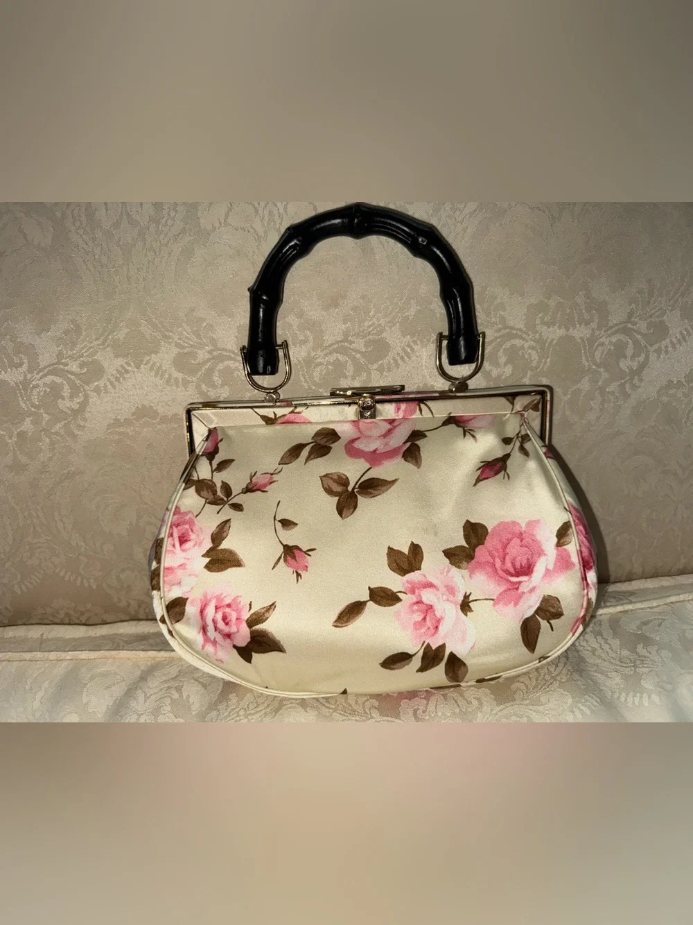 Banana Republic Cream Satin Floral Top-Handle Clutch with Black Handle